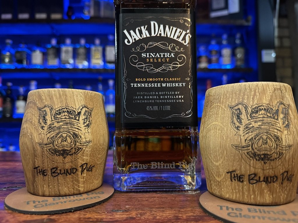 Blind Pig branded tasting cups and whisky